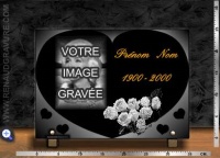 Plaque fun&eacute;raire motif coeur + portrait + roses + texte or 24 carats