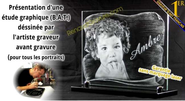 Plaque fun�raire enfant en verre avec portrait, � personnaliser