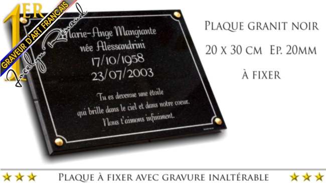 Plaque funeraire pas cher avec gravure inalt&eacute;rable. Mati&egrave;re : Granit noir 1er choix