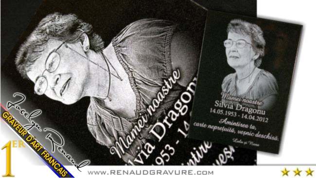 Plaque funéraire personnalisée avec la gravure du portrait de la défunte. La gravure est réalisée dans le granit noir d'afrique 1er choix. La gravure est inaltérable.