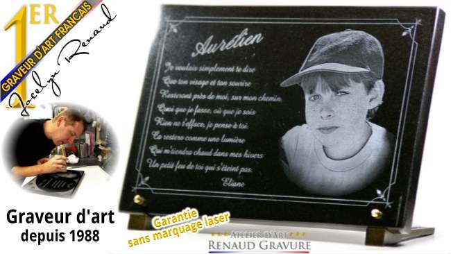 Plaque fun�raire artistique en granit grav�, � personnaliser