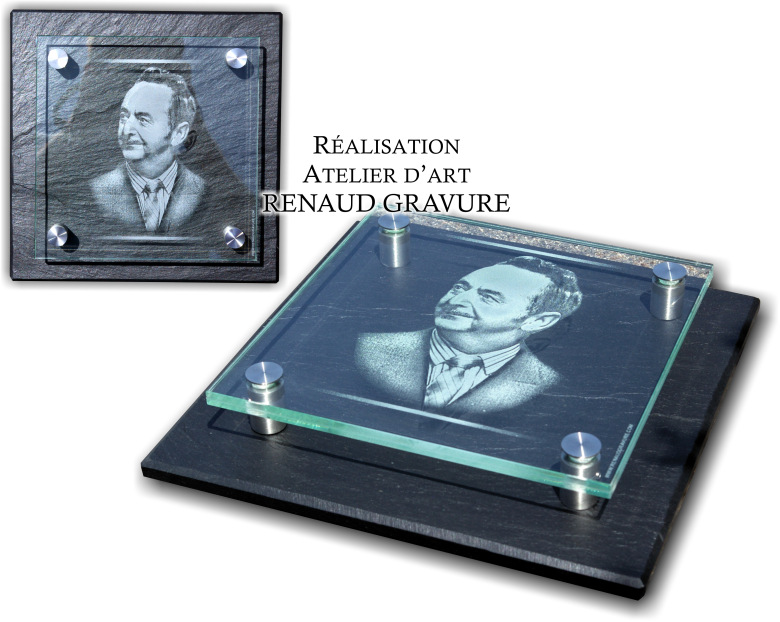 Plaque commémorative en verre avec portrait