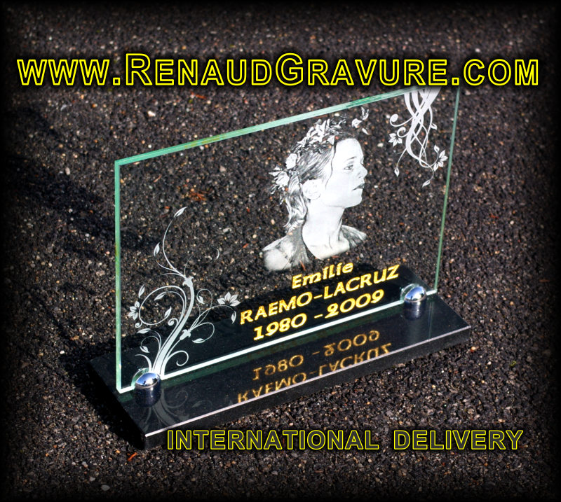 Glass etching on memorial plaque