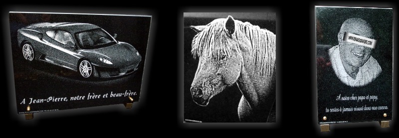 r&eacute;alisation sur mesure de plaques fun&eacute;raires, cheval, voiture et portrait