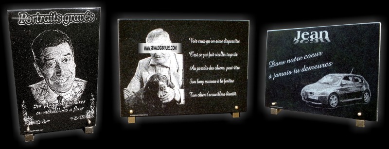 Plaque mortuaire de d&eacute;monstration avec portrait fun&eacute;raire grav&eacute;, Homme avec son chien grav&eacute; sur une plaque fun&eacute;raire rectangulaire en granit, voiture grav&eacute;e sur une plaque mortuaire. Articles mortuaires sur mesure.