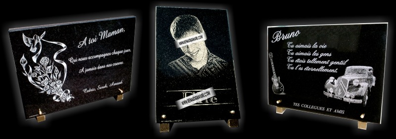 Colombe, bouquet de fleurs sur plaque funeraire, portrait grav&eacute; , voiture et guitar grav&eacute; &agrave; la pointe diamant sur une plaque fun&eacute;raire sur 2 pieds m&eacute;tal