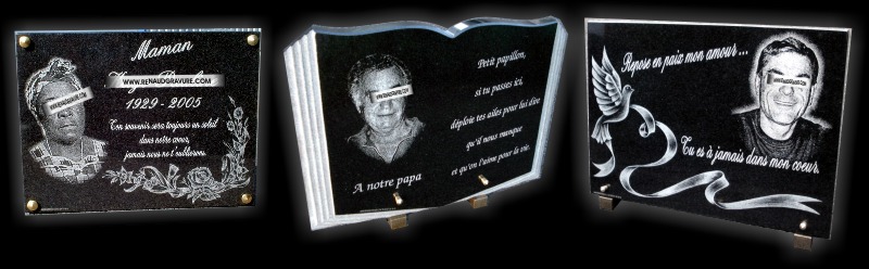 Portrait avec fleurs, plaque fun&eacute;raire en forme de livre avec portrait grav&eacute;, plaque mortuaire rectangulaire avec portrait, colombe et coeur grav&eacute;.