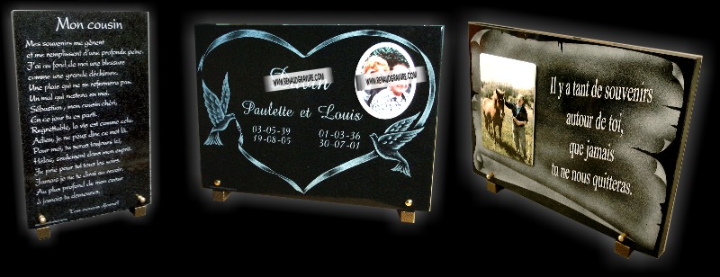 Grand po&egrave;me grav&eacute; sur une plaque fun&eacute;raire en granit, coeur et 2 colombes sur plaque funeraire, photo porcelaine et parchemin sur plaque mortuaire