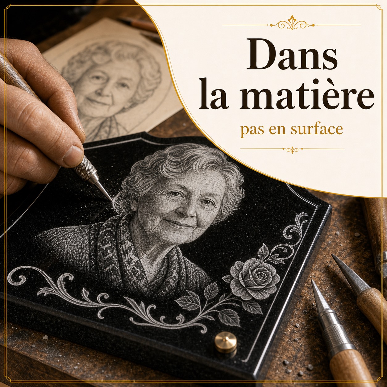 Gravure creusée dans la matière sur plaque funéraire