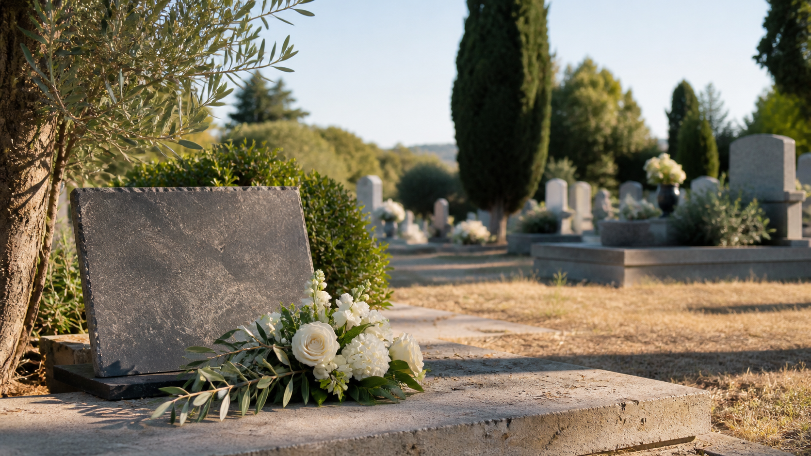 Plaque commémorative et fleurs blanches dans un cimetière français après les canicules de l'été 2026