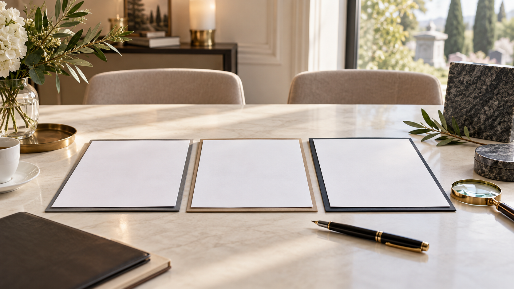 Trois devis funéraires comparés sur une table avec une loupe et un stylo