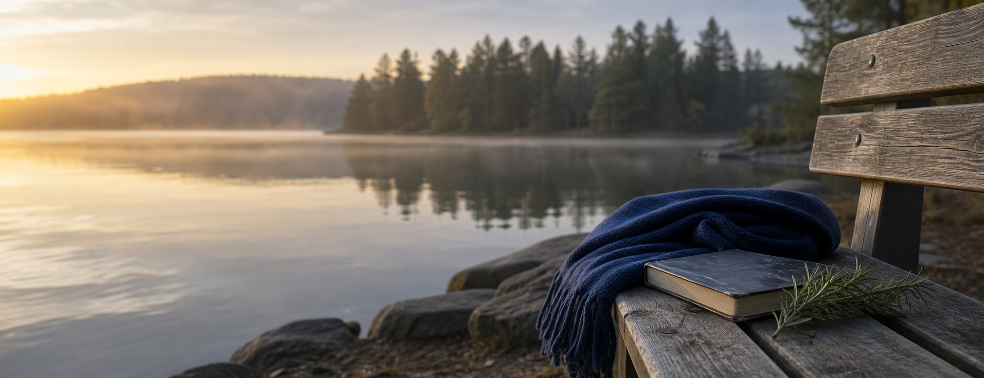 Banc vide au bord d’un lac en souvenir d’un ami décédé