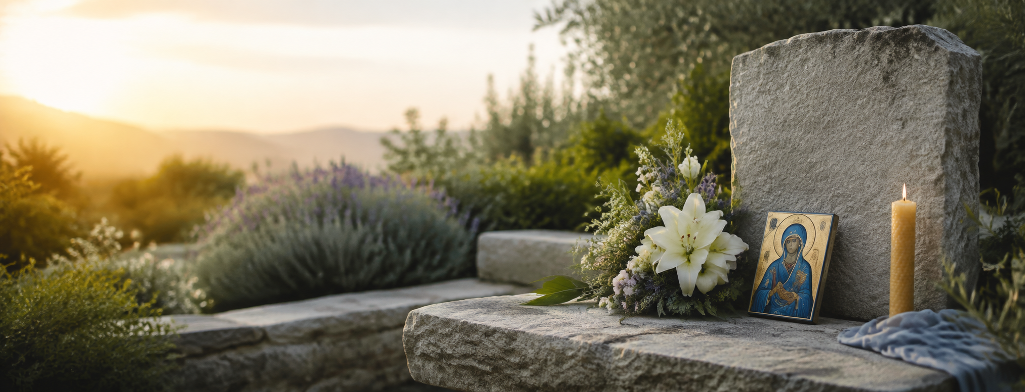 Fleurs blanches, icône mariale et lumière douce auprès d'une pierre de mémoire pour un hommage orthodoxe