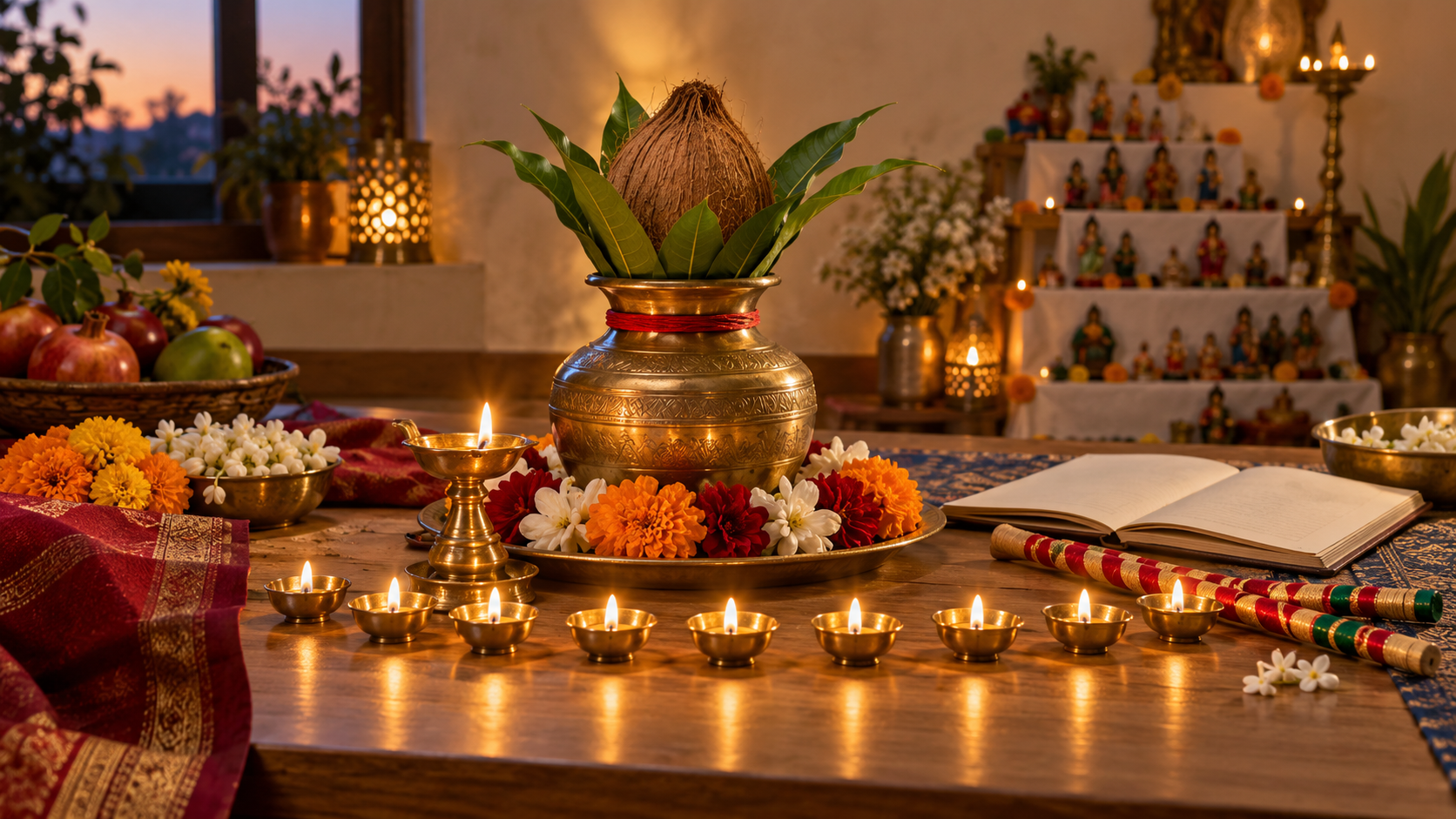 Kalash, lampes, fleurs et objets de transmission évoquant les neuf nuits de Navratri