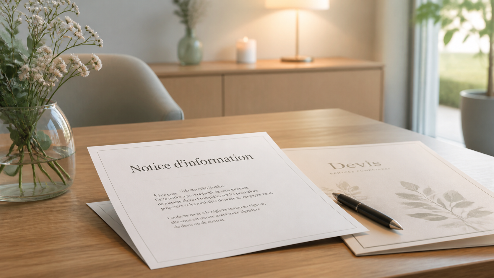 Notice d'information obligatoire des pompes funèbres avec devis funéraire sur un bureau