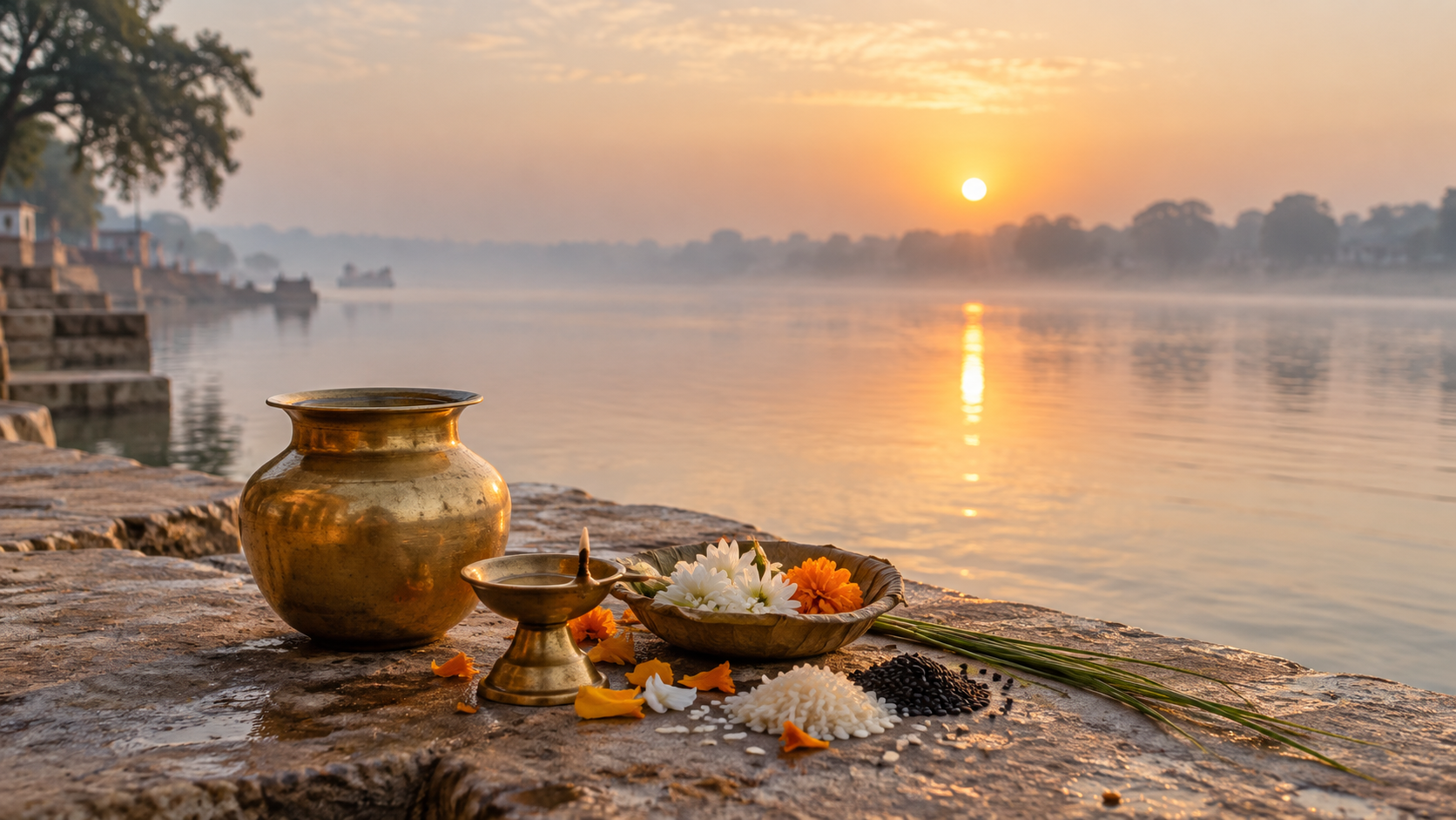 Au lever du jour, lampe, eau, fleurs, riz et sésame au bord d'un fleuve pour évoquer Pitru Paksha et la mémoire des ancêtres