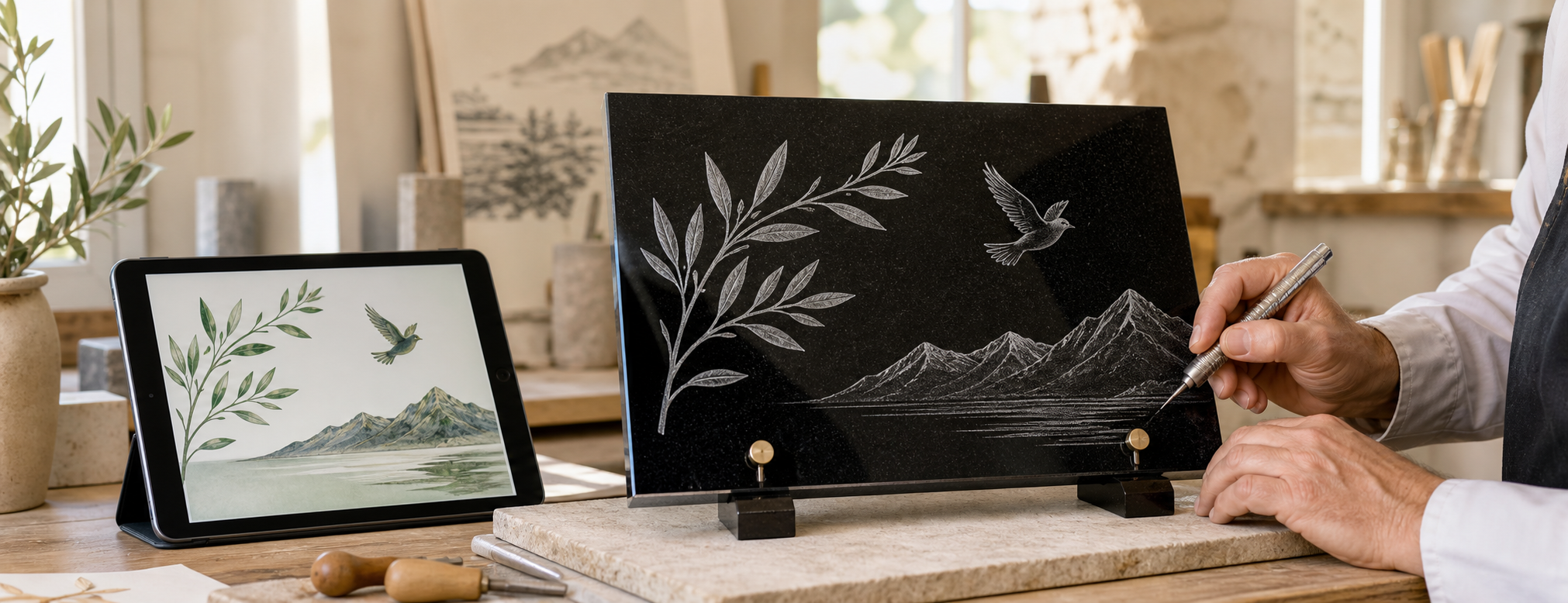 Motif commémoratif créé avec une intelligence artificielle puis adapté et gravé sur une plaque funéraire personnalisée