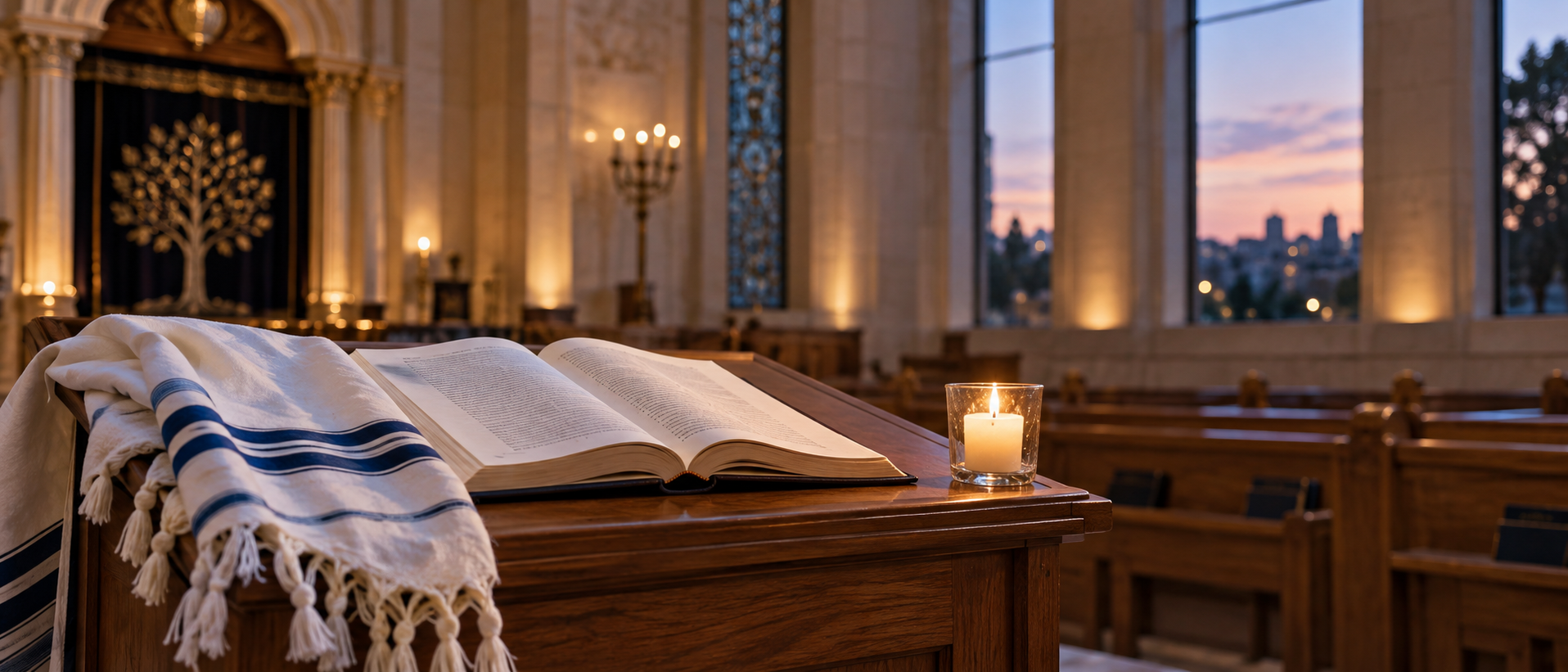Livre de prière, châle et veilleuse dans une synagogue au crépuscule pour évoquer Yom Kippour et la mémoire