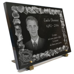 Plaques funéraires personnalisées photo portrait, fleurs roses, granit Ref : 29