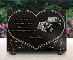 Plaque funéraire étoiles, coeurs et Citroën Traction, voiture automobile Ref : 113