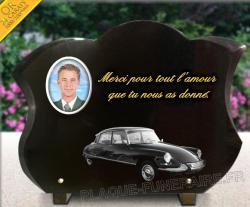 Dorure de lettres, automobile, citroën DS, granit forme galbée