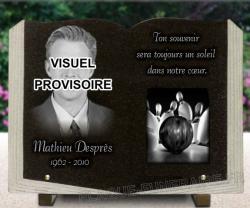 Plaque funéraire granit, livre ouvert, photo portrait, bowling Ref : 132