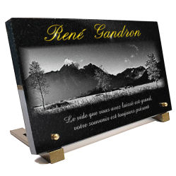 Plaque funéraire Plaque mortuaire personnalisée à lyon campagne avec montagnes en fond. Motif gravé sur granit. Ref : 152