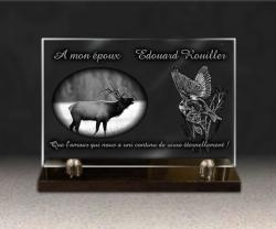 plaque funéraire verre  , cerf et mésange 168