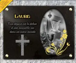 Plaque mortuaire religion-croix-colombe-calice-bougie-fleurs 