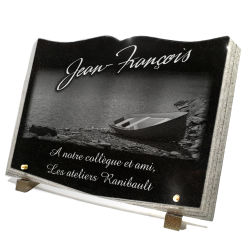 Plaques funéraires personnalisées Barque pêcheur, livre granit Ref : 405