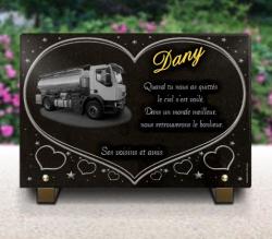 Plaque mortuaire routier, Coeur, camion citerne en granit gravé à personnaliser à Lille Ref : 407