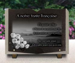Plaque funeraire livre en granit avec gravure campagne et bouquet de roses, à Lille Ref : 418
