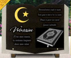 Plaques funéraires personnalisées livre, Coran Islam musulman, dorure, granit Ref : 420
