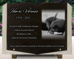 Plaque funéraire Livre ouvert en granit, écrivain romancier auteur stylo Ref : 451