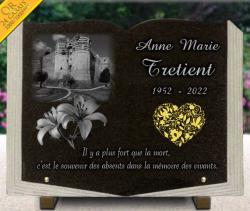 Plaque funéraire livre en granit, Angers château, fleurs, coeur Ref : 462