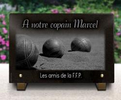 Plaque funéraire Granit marbre, Marseille, pétanque, boules, bouliste Ref : 498