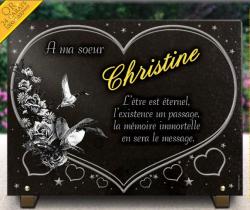 Plaque funéraire granit, Nantes, coeur, fleurs bouquet de roses, oiseaux canard, dorure Ref : 501