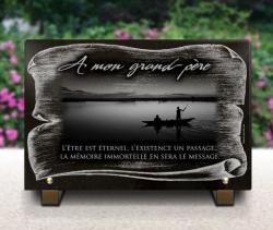 Plaque funéraire parchemin, Angers Loire, barque, pêcheur, rivière, granit Ref : 502
