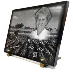 Plaque funéraire granit, QR-Code; qr code, photo portrait, campagne cultivateur Ref : 510