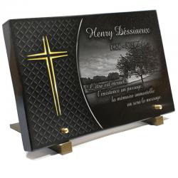 Plaques funéraires personnalisées Croix dorure arbre chêne moderne granit Ref : 545
