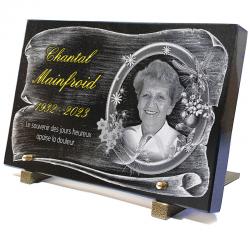 Plaques funéraires personnalisées Granit parchemin dorure cadre fleurs photo portrait Ref : 546