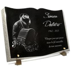 Plaques funéraires personnalisées  livre granit musique accordeon notes Ref : 548