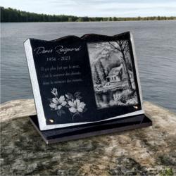 Livre granit sur socle, fleurs, rivière, chalet pêcheur