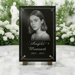 Plaque funéraire en granit avec photo gravée : portrait détaillé, décor d'étoile