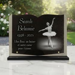 Plaque funéraire avec photo de danseuse en granit, forme livre sur socle