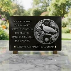 Plaque funéraire colombe en granit noir personnalisée