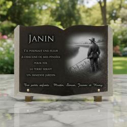 Plaque funéraire pêcheur en granit forme livre ouvert