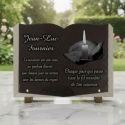 Plaque funéraire bougie en granit forme livre ouvert
