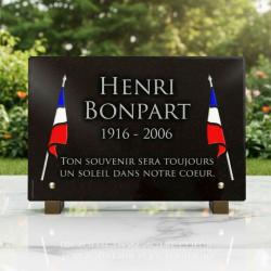 Plaque funéraire ancien combattant en granit avec drapeaux français