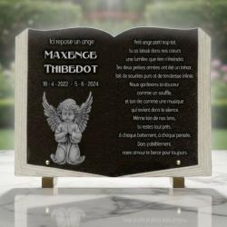 Plaque funéraire livre en granit avec chérubin 40 × 30 cm sur pieds métal
